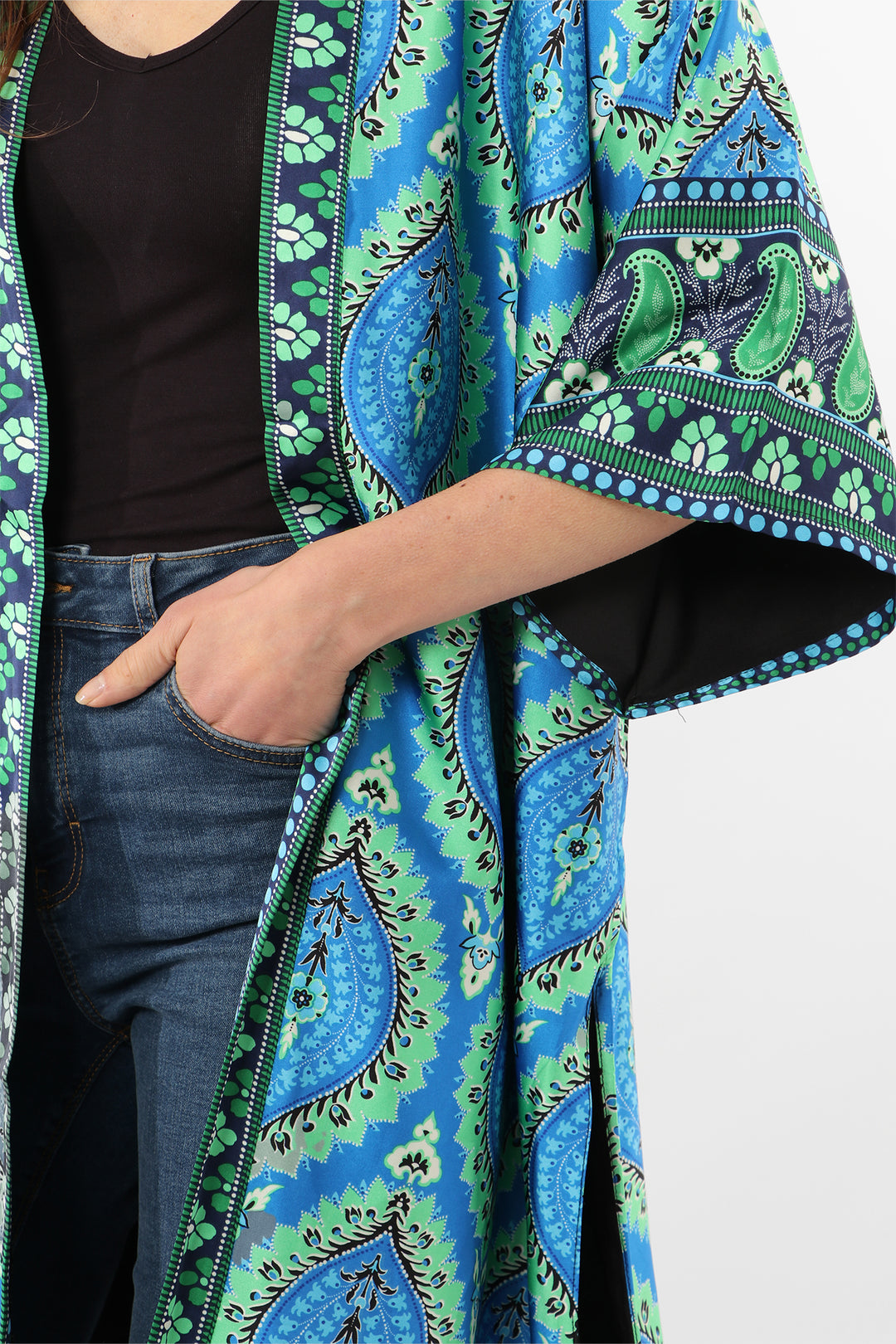 Turquoise Lined Mandala Print Kimono