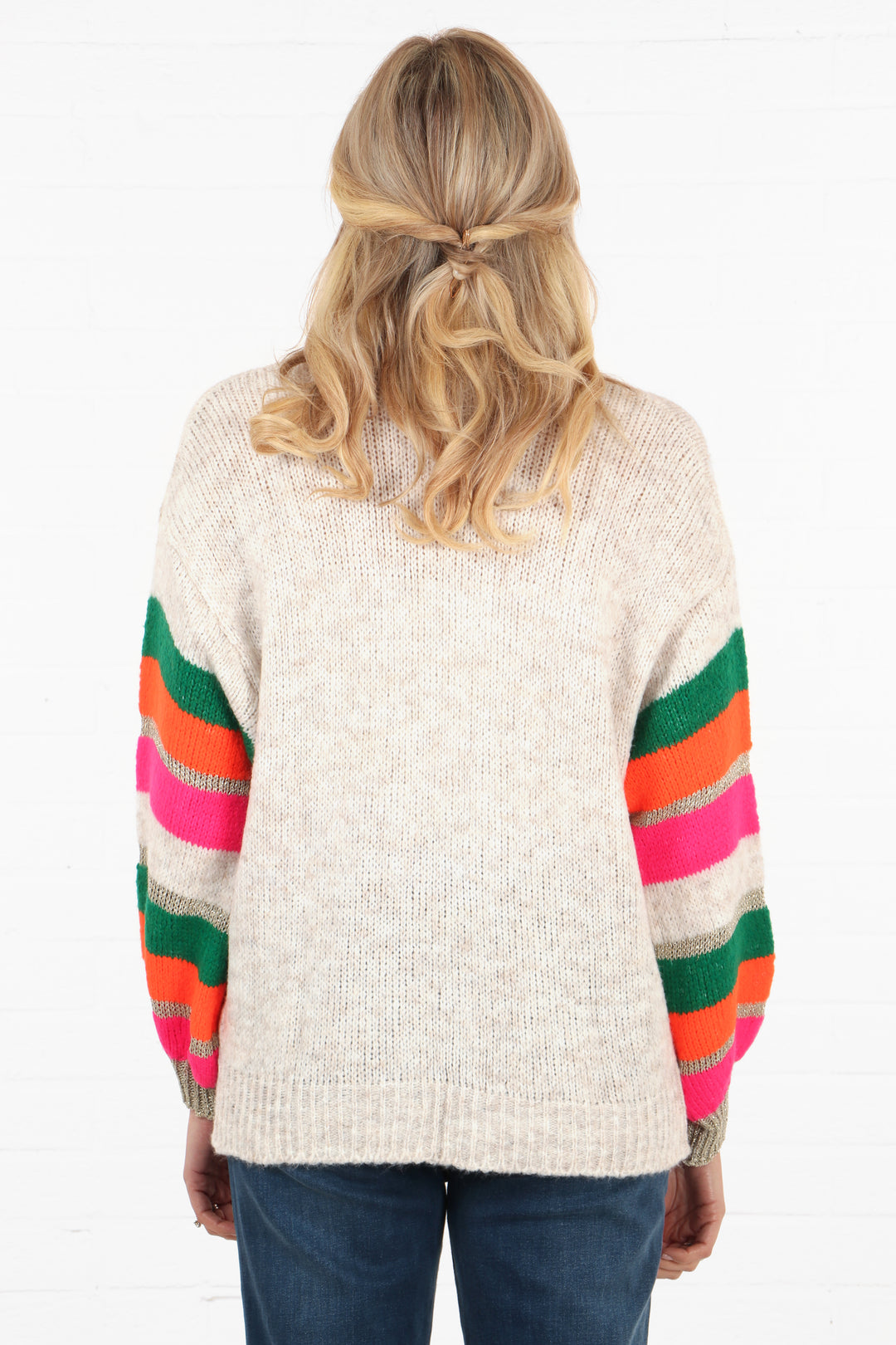 Open Front Wool Blend Balloon Sleeve Cardigan in Cream Orange Fuchsia