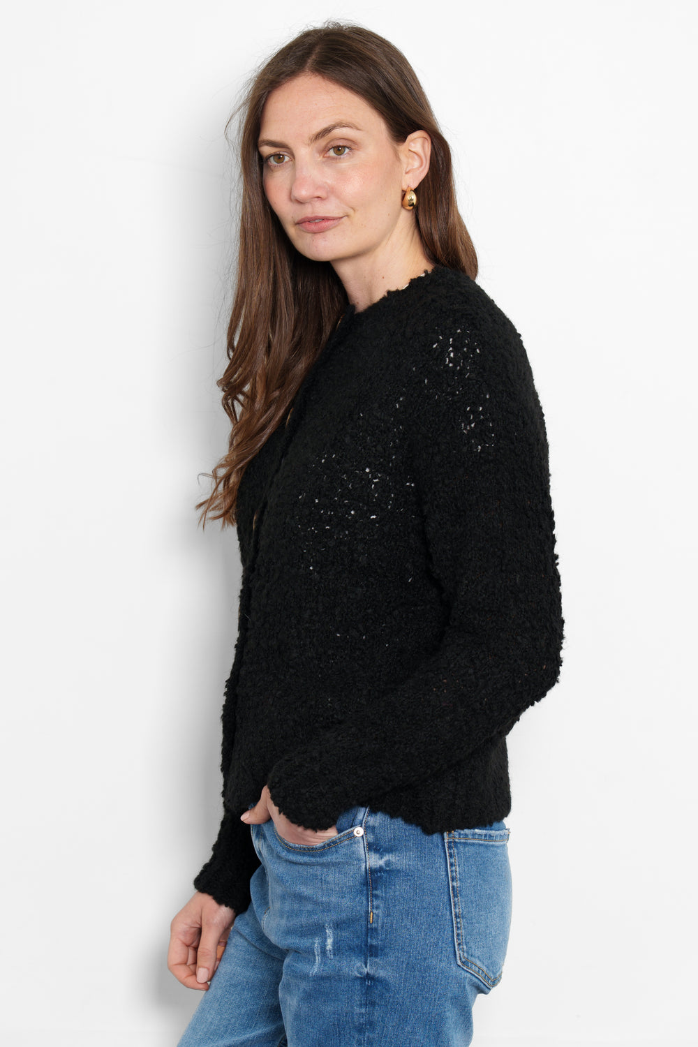 collins-wool-blend-cardigan-black-boucle-model-side-view-long-sleeves