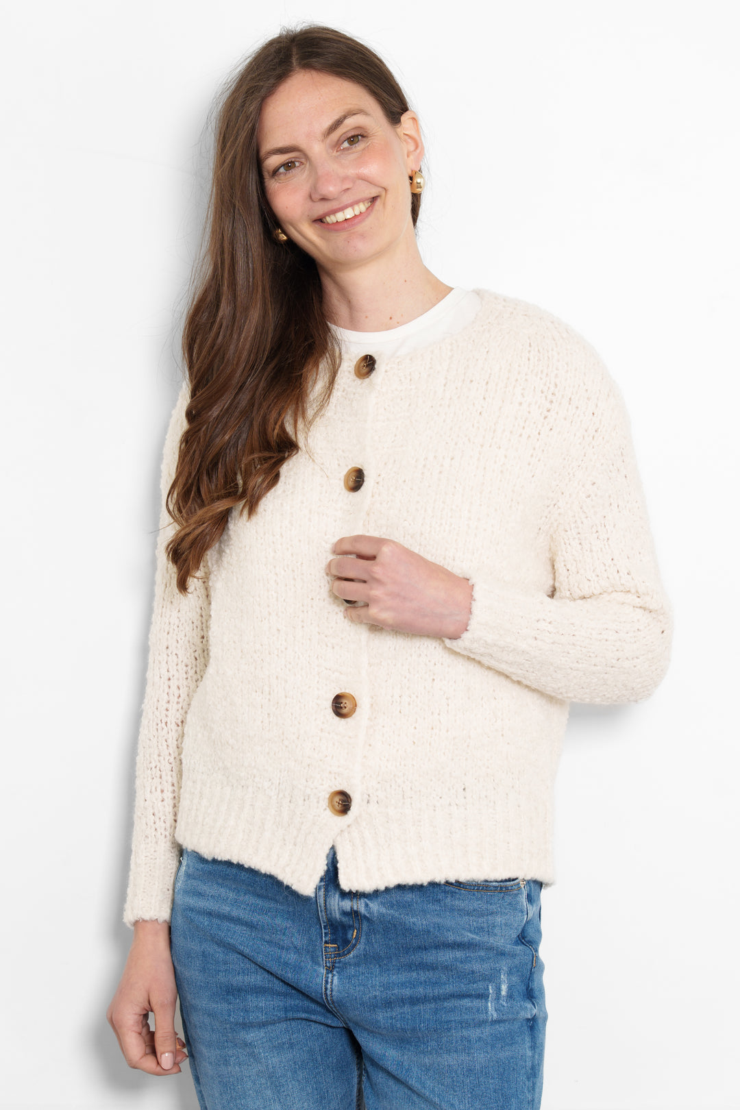 collins-wool-blend-cardigan-cream-boucle-model-front-view-buttons