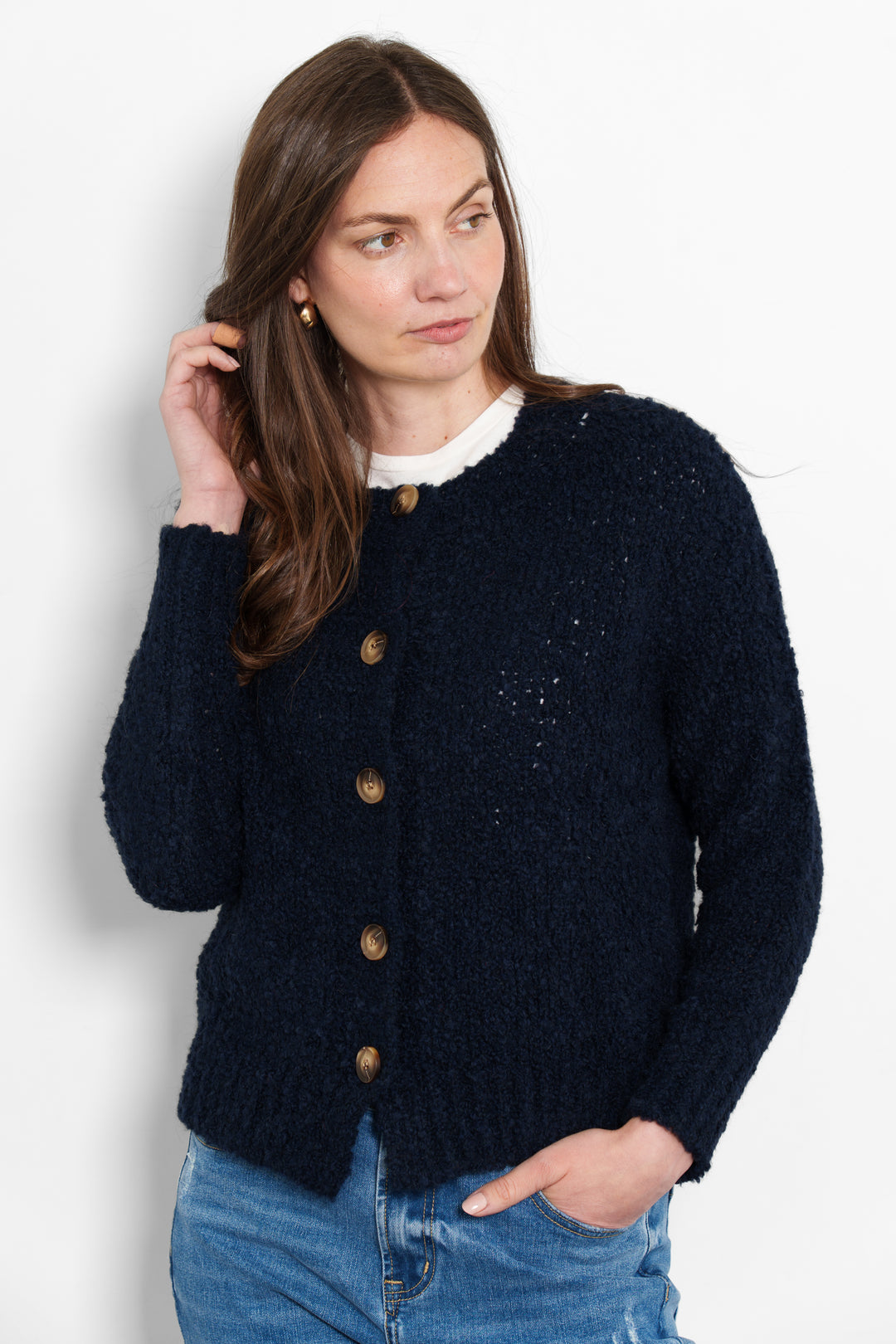 collins-wool-blend-cardigan-navy-blue-boucle-model-front-view-buttons