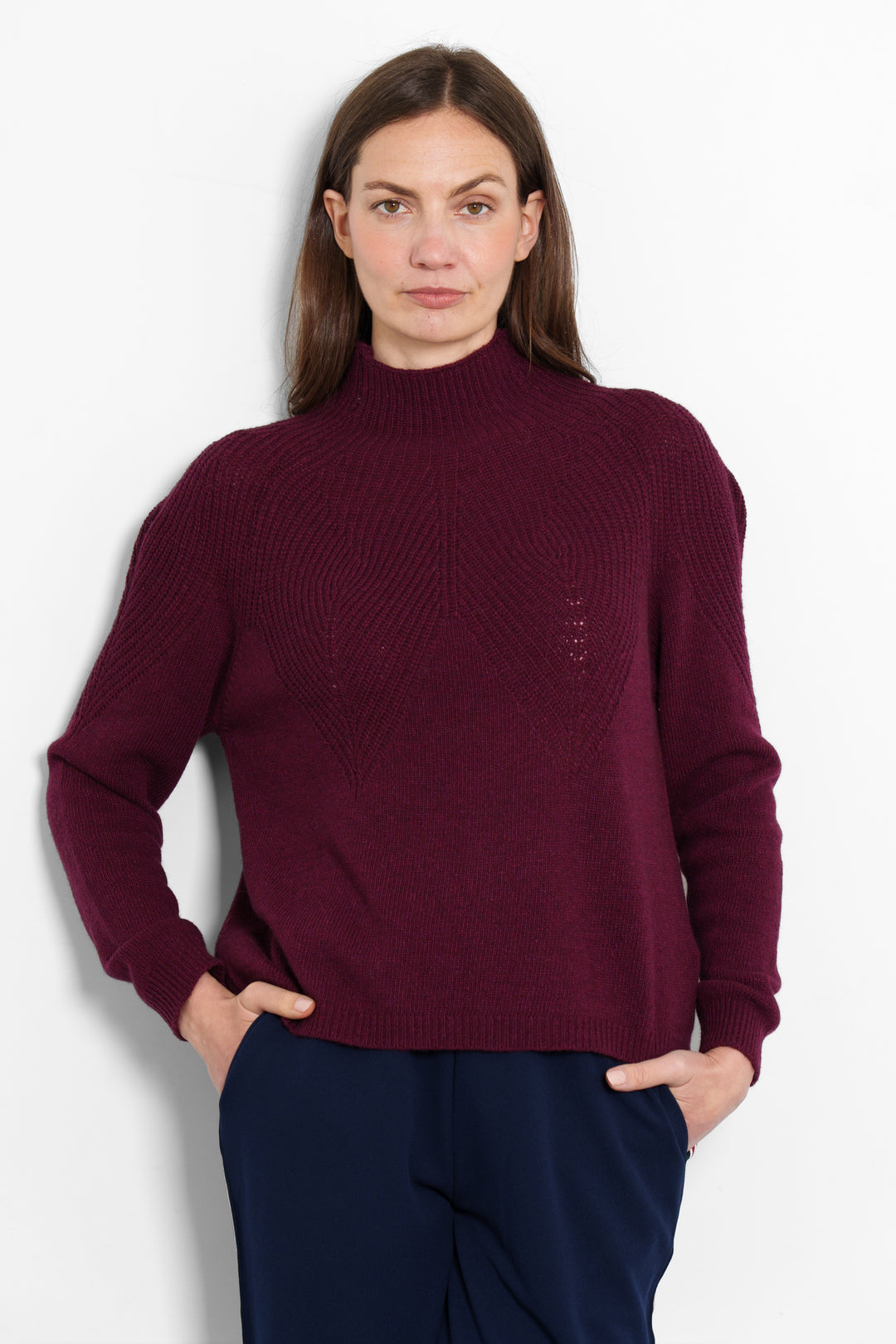 mallory-cashmere-blend-jumper-berry-ribbed-model-front-view