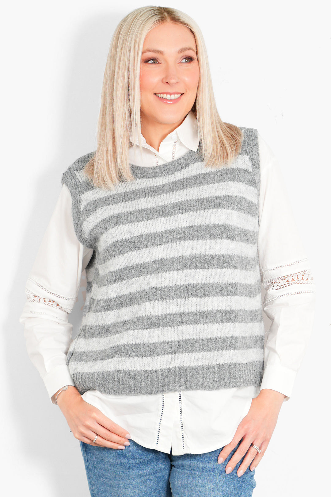 betsy-wool-blend-tank-top-light-grey-dark-grey-striped-model-front-view