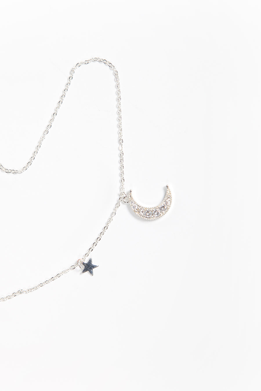 Silver Crescent Moon Charm Necklace with Small Star Pendant