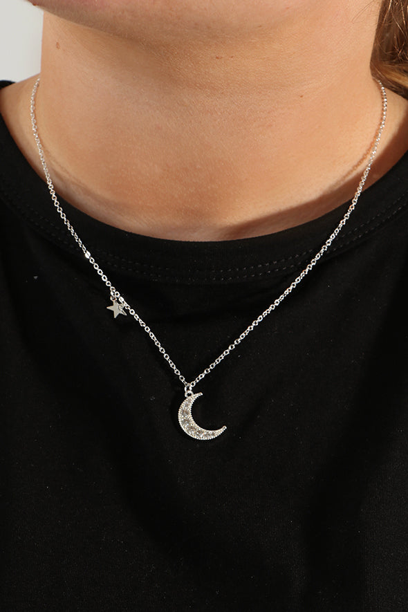 Silver Crescent Moon Charm Necklace with Small Star Pendant