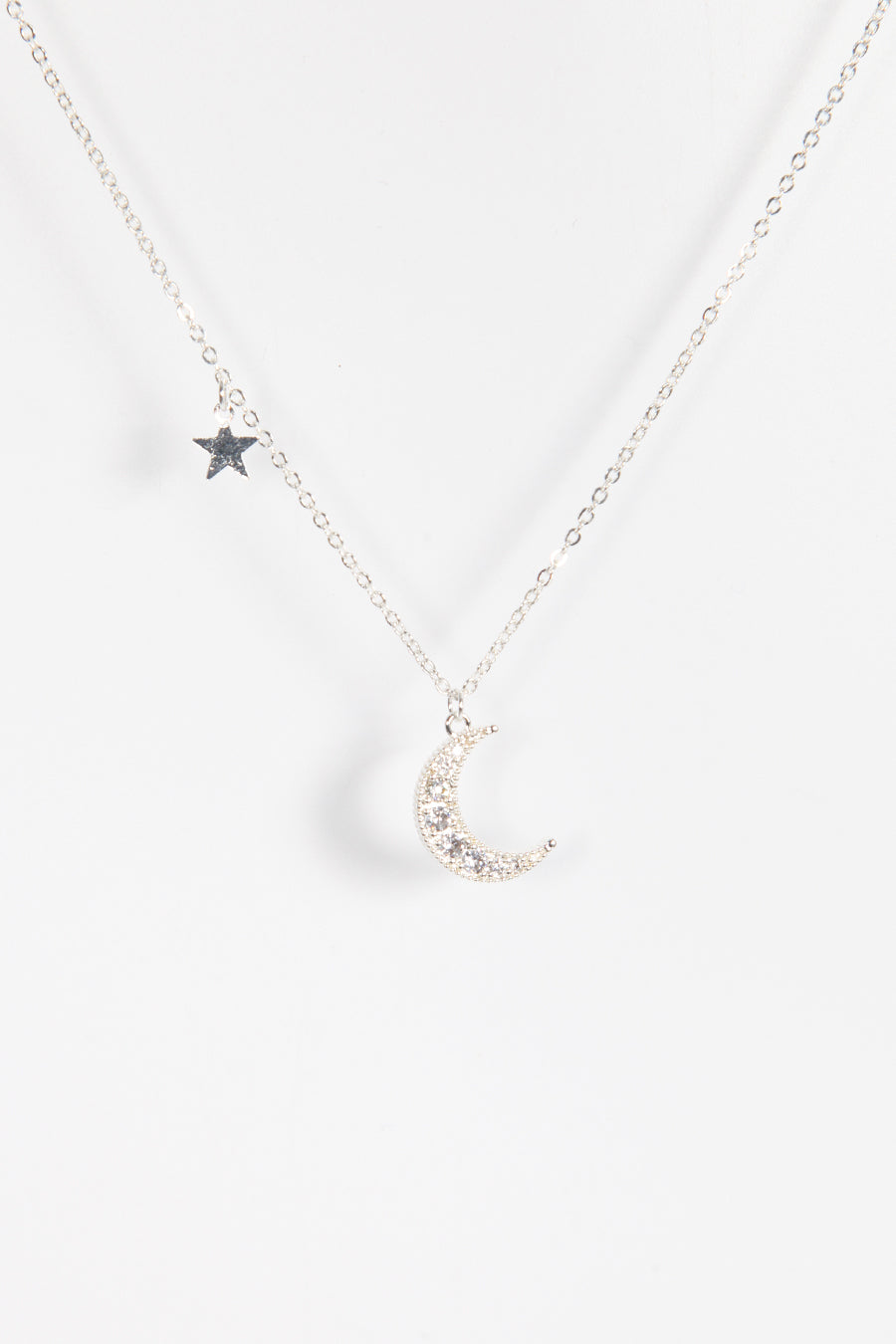 Silver Crescent Moon Charm Necklace with Small Star Pendant