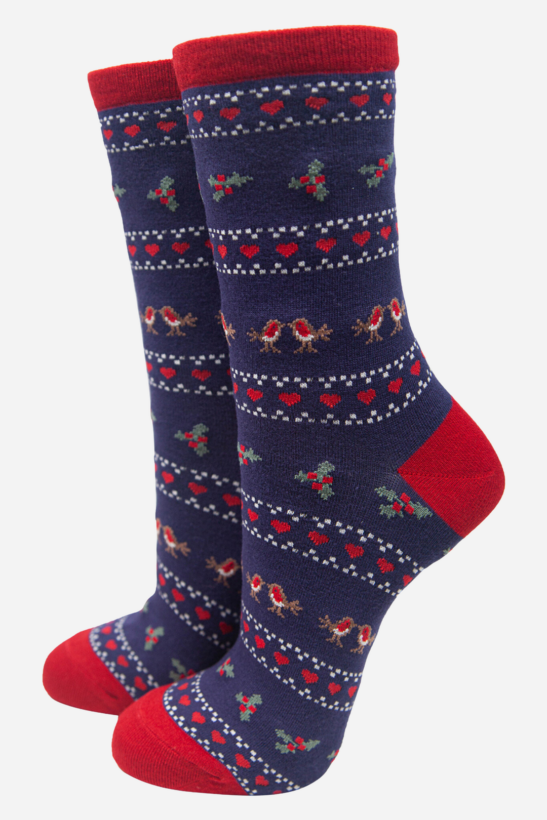 navy blue and red fair isle style socks with a pattern of red robins, holly and love hearts