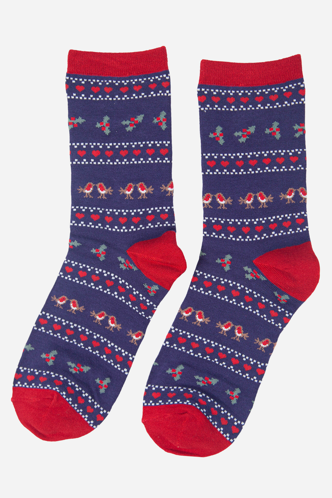 blue and red fair isle style bamboo socks with red robins, holly and love hearts