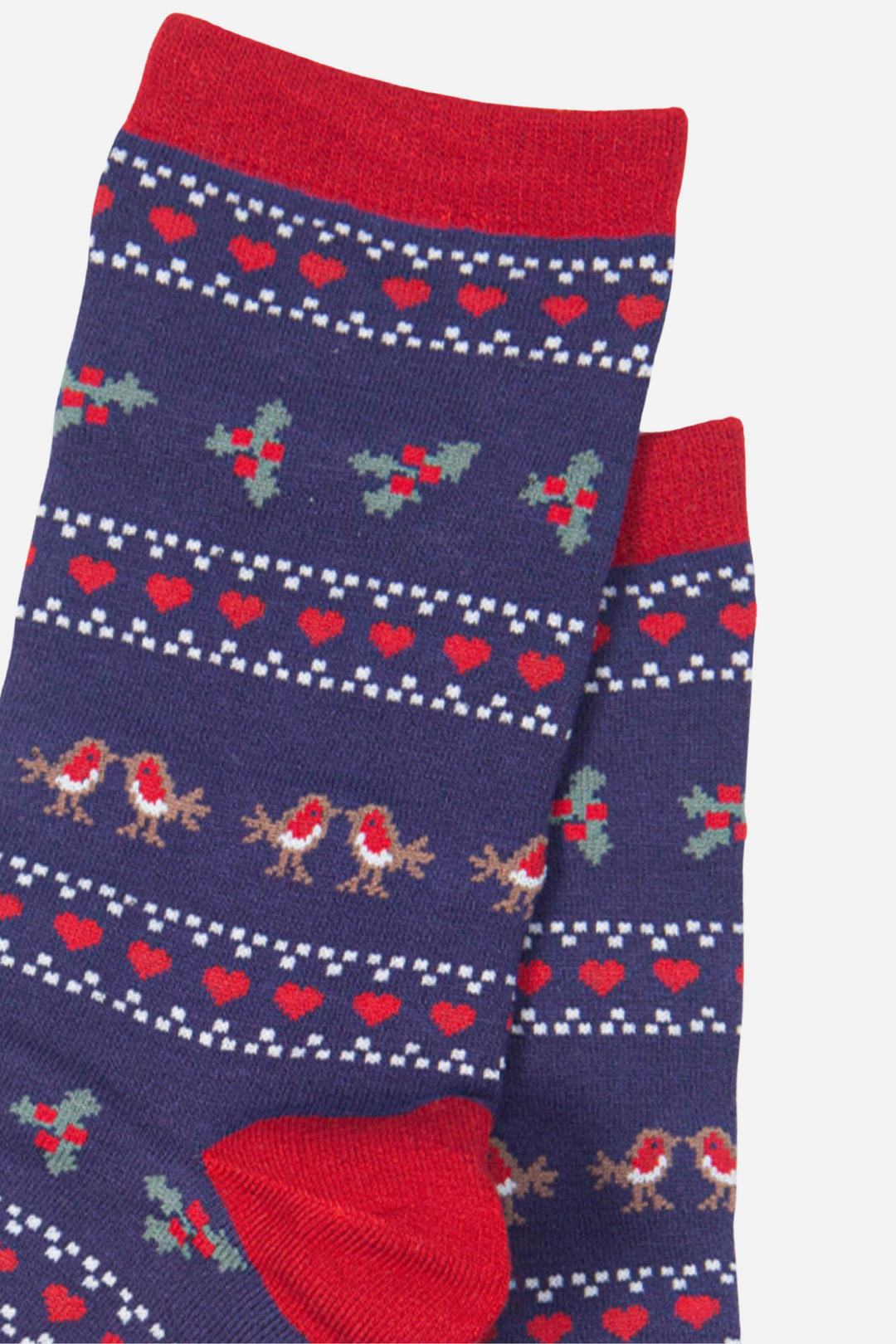 close up of the fair isle style pattern, showing red robins, love hearts and festive holly