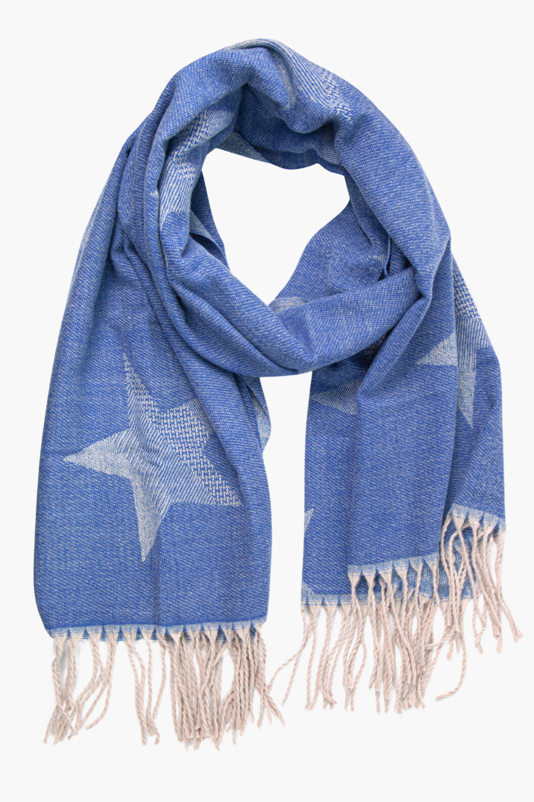blue winter scarf with a large star print pattern, the stars are in a blue ombre and the scarf has a white tasselled trim
