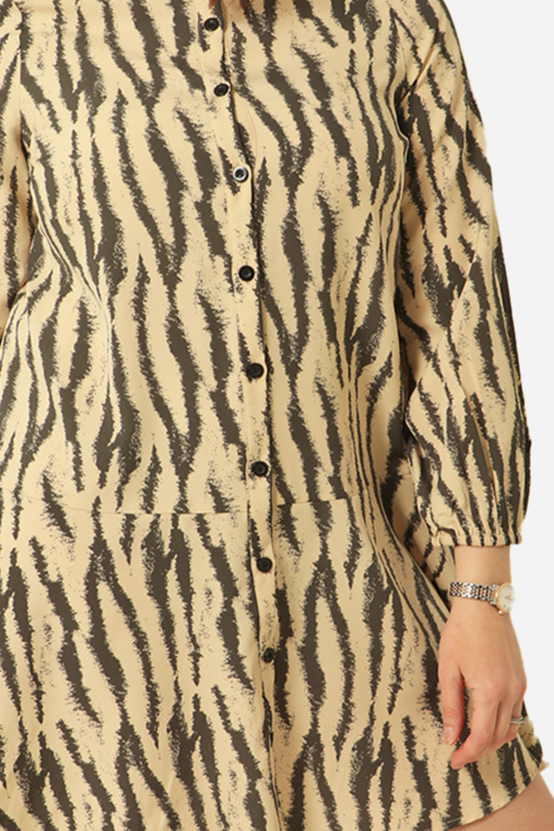 Grey Cream Speckled Zebra Print Short Tiered Shirt Dress