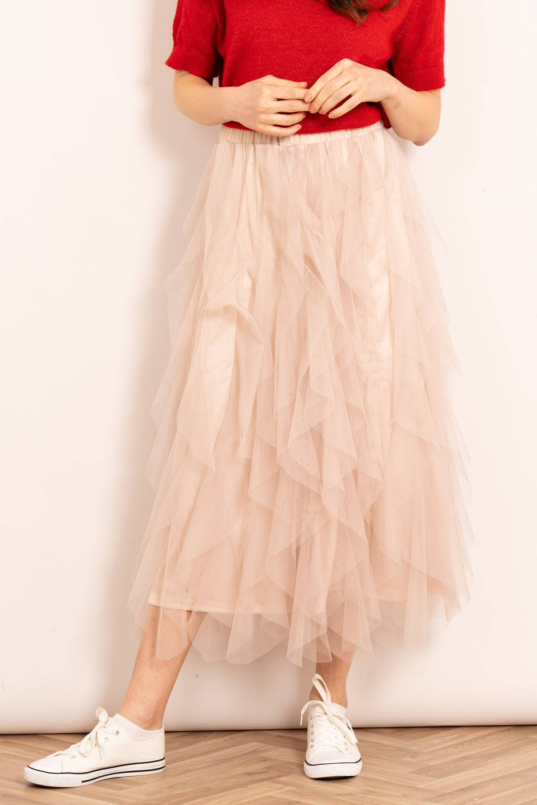 layla-maxi-tulle-skirt-cream-layered-frills-front-view-on-model
