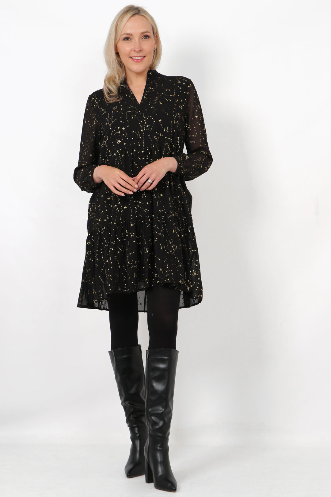 Black Gold Constellation Print Tiered Mini Dress