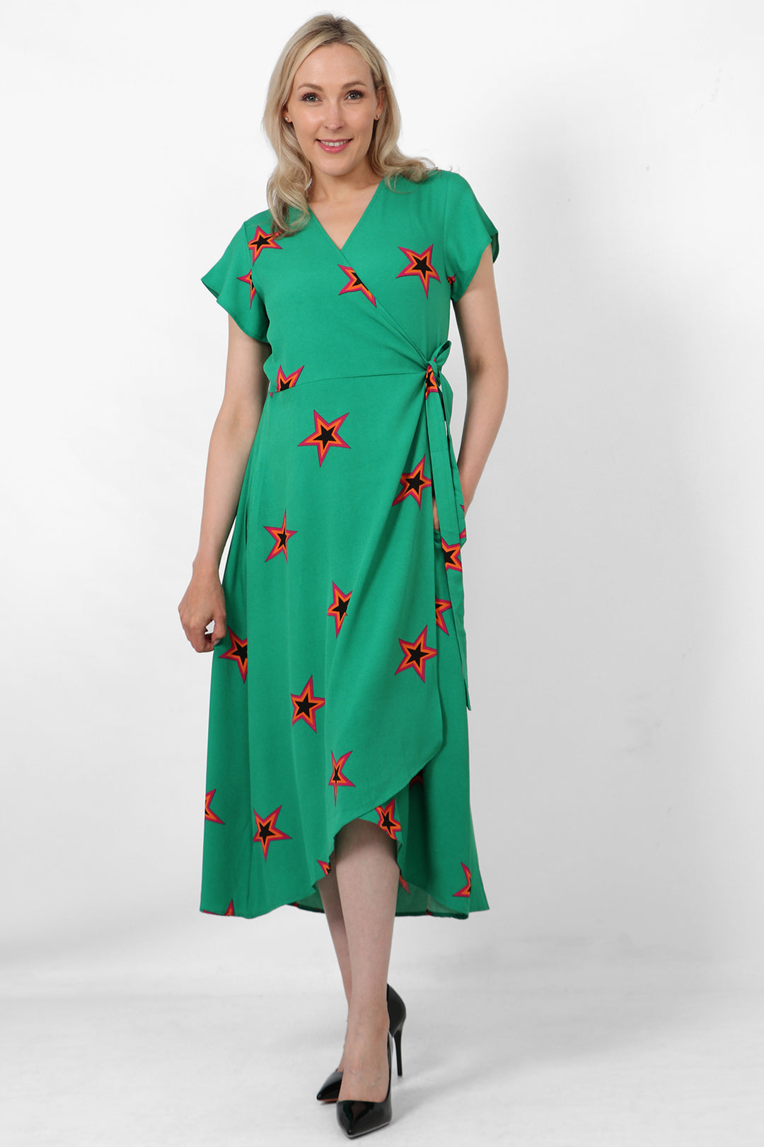 Green Star Outline Print Wrap Dress