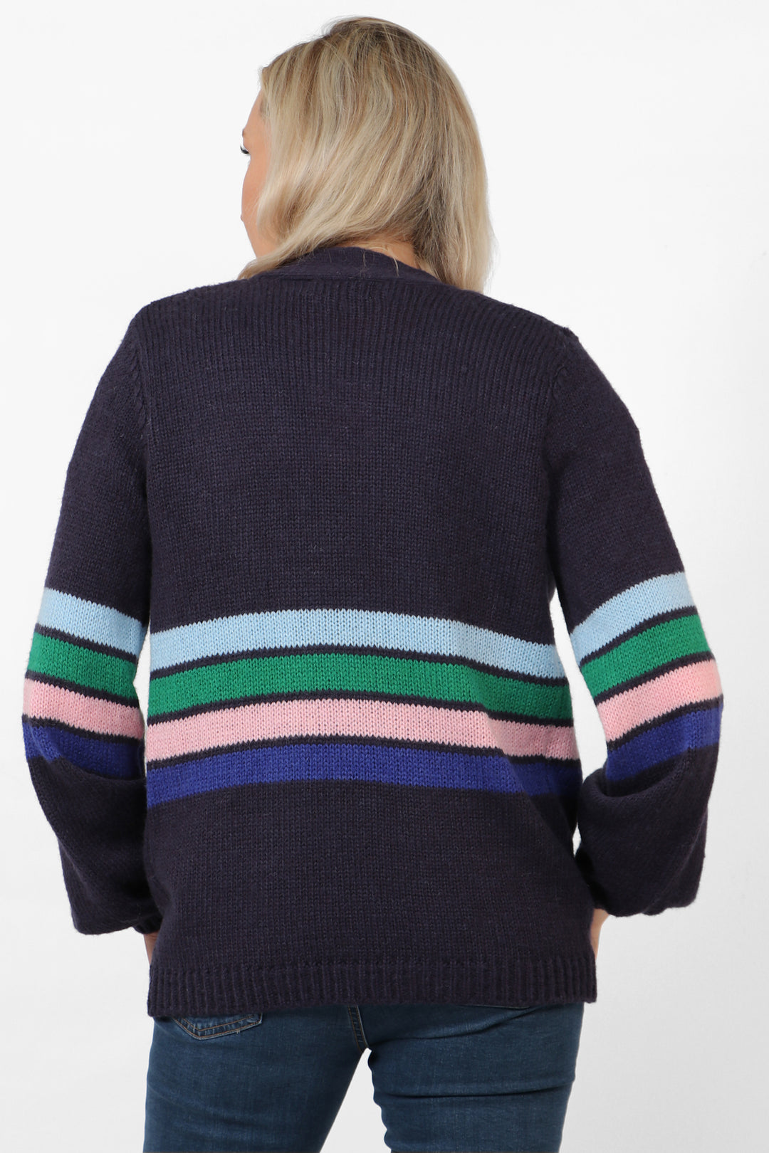 Open Front Cotton Blend Cardigan - Navy , Colour Block Striped