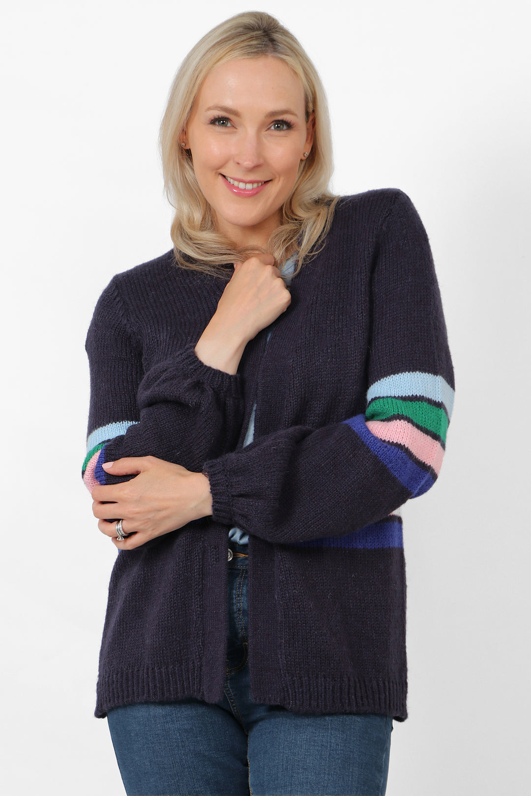 Open Front Cotton Blend Cardigan - Navy , Colour Block Striped