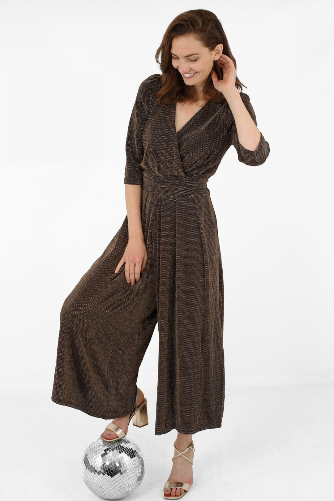 Black Gold Glitter Retro Print Wide Leg Jumpsuit