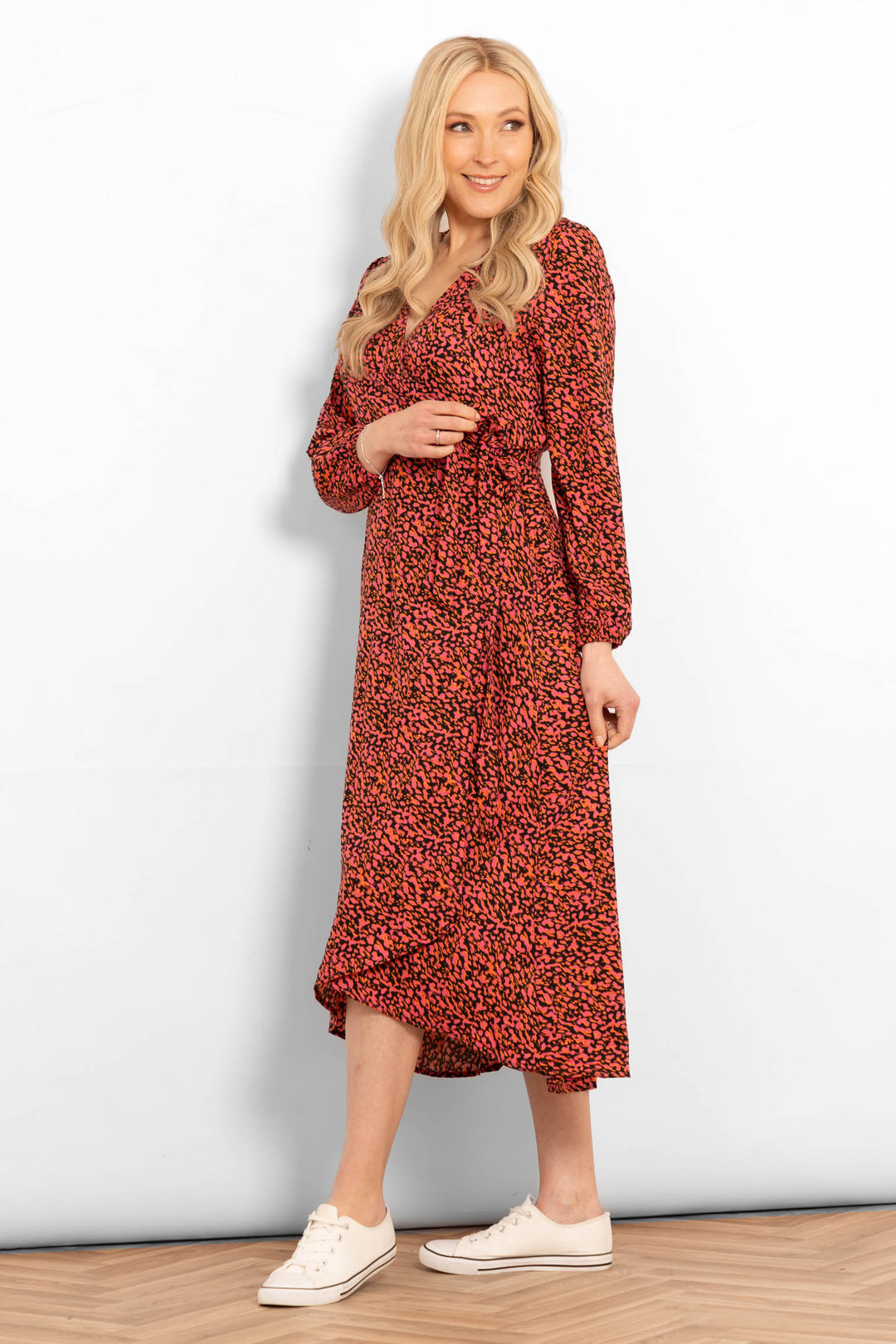 parker-long-sleeve-midi-wrap-dress-fuchsia-abstract-spot-side-tie
