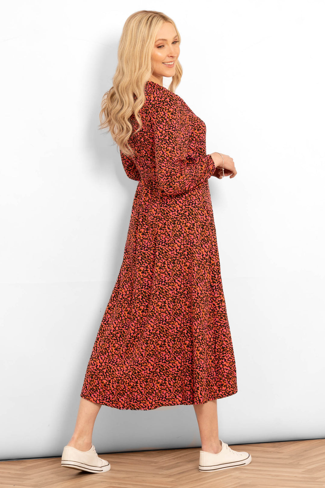 parker-long-sleeve-midi-wrap-dress-fuchsia-abstract-spot-rear-view