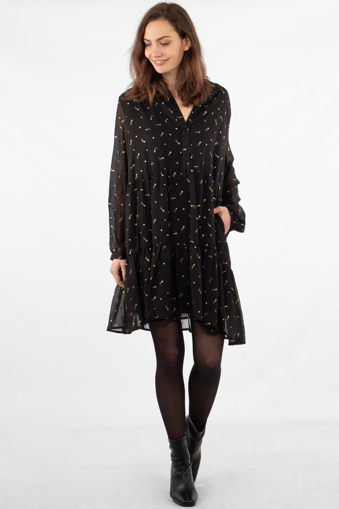 Black Gold Metallic Shooting Star Print Ruffle Grandad Collared Knee Length Dress