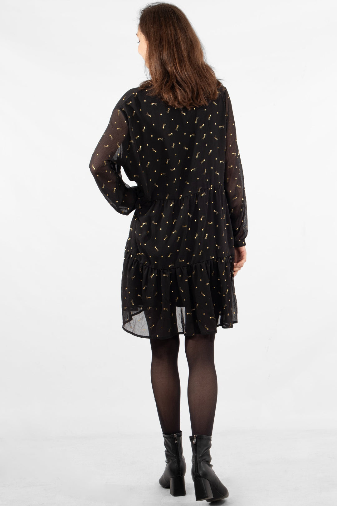 Black Gold Metallic Shooting Star Print Ruffle Grandad Collared Knee Length Dress