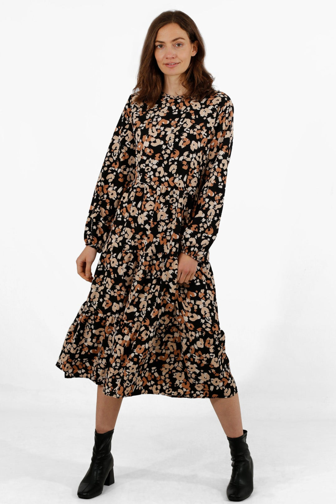 Camel Textured Leopard Print Classic Tiered Dress