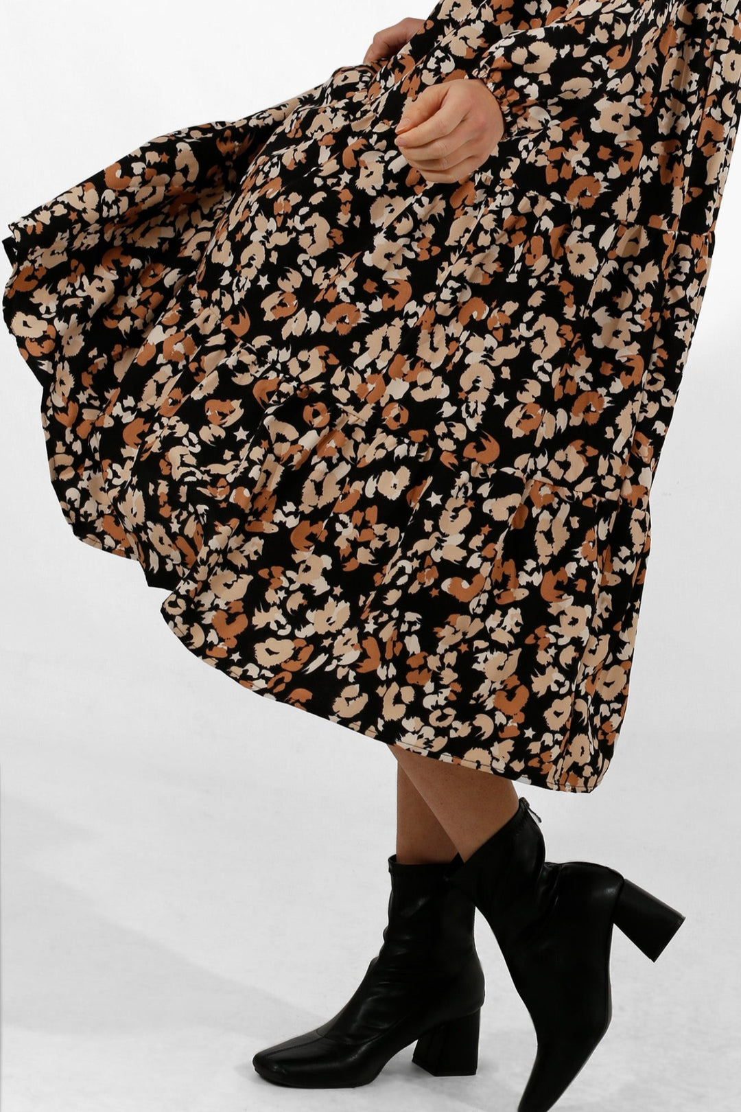 Camel Textured Leopard Print Classic Tiered Dress