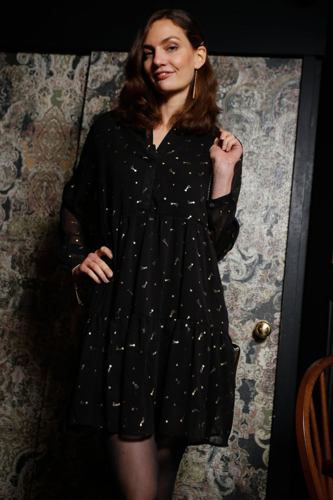 Black Gold Metallic Shooting Star Print Ruffle Grandad Collared Knee Length Dress