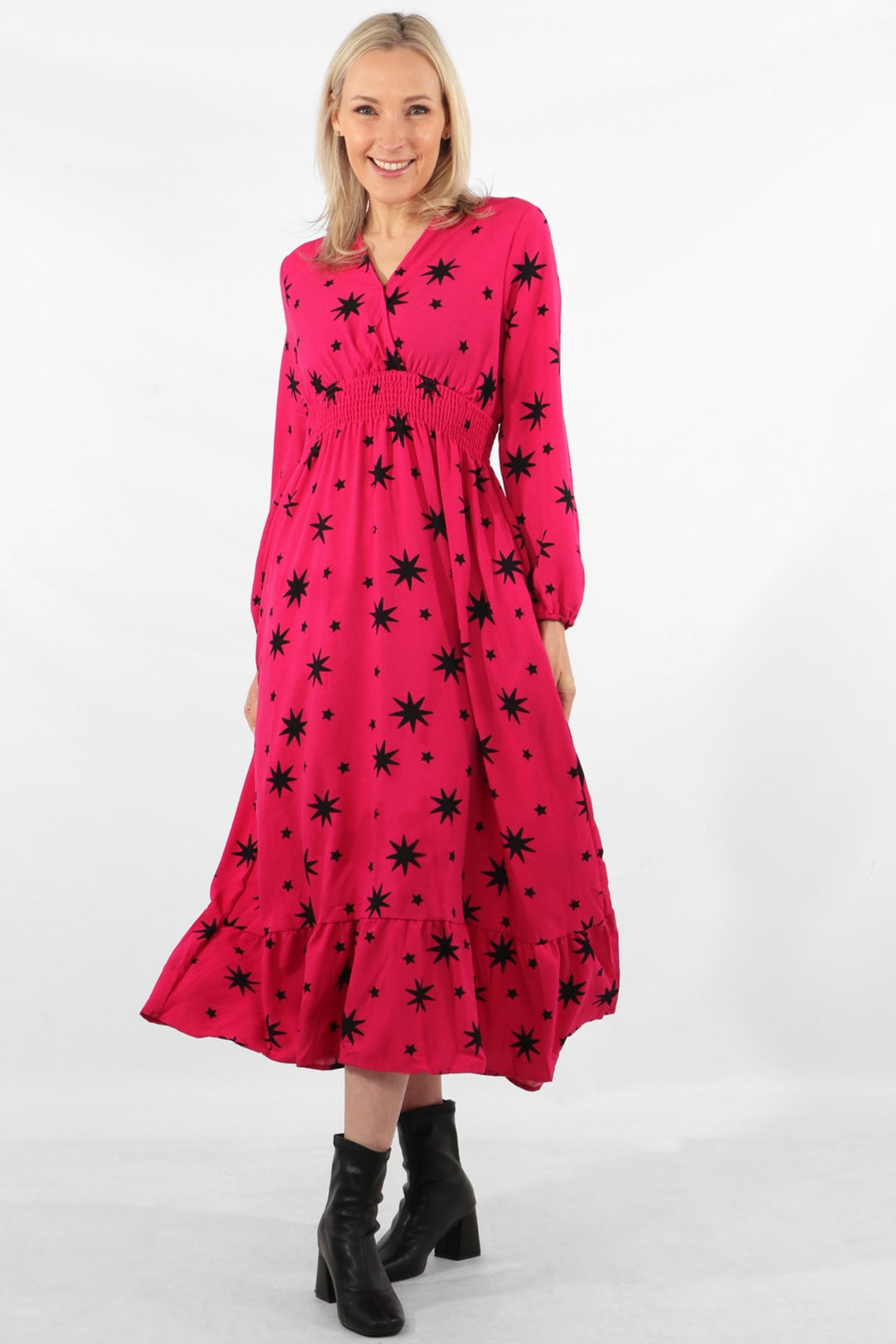 Shirred Empire Waist Maxi Dress - Fuchsia, Starburst