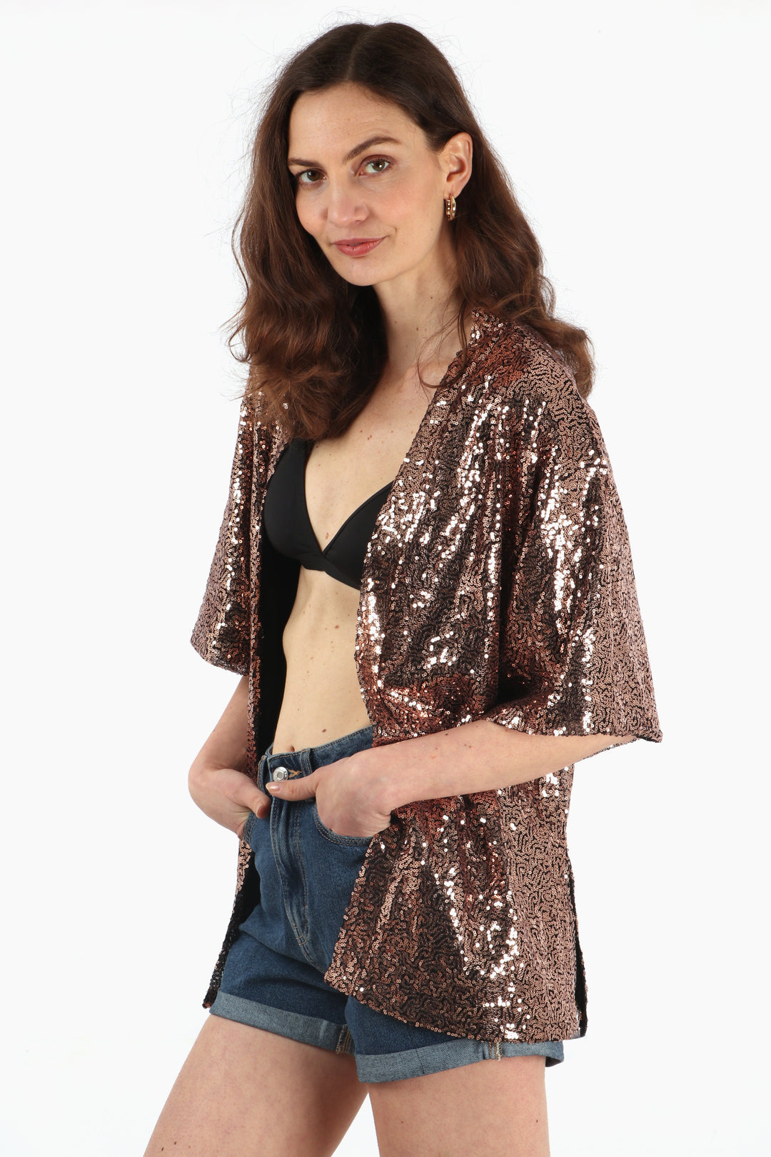 bronze sparkly kimono jacket with 3/4 sleeves