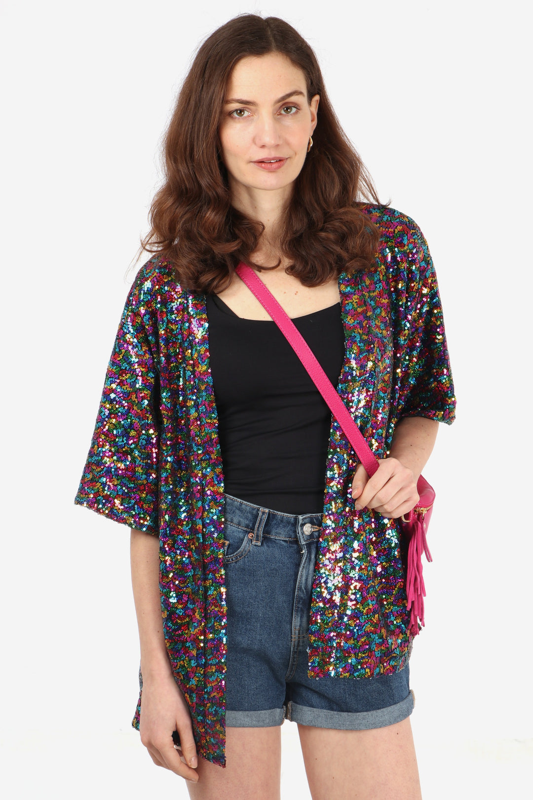 ladies rainbow sparkly evening jacket with kimono sleeves and an open front