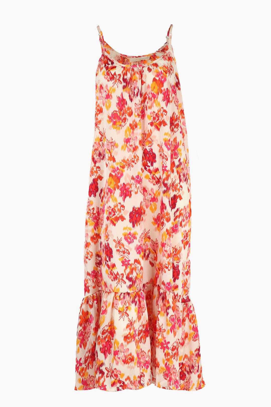 cream and pink floral pattern tiered slip dress with adjustable spaghetti straps and a round neck