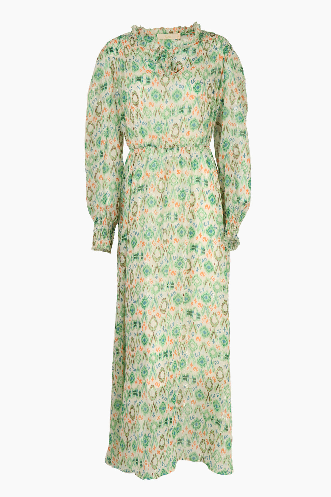 green shirred shoulder ikat pattern midaxi dress