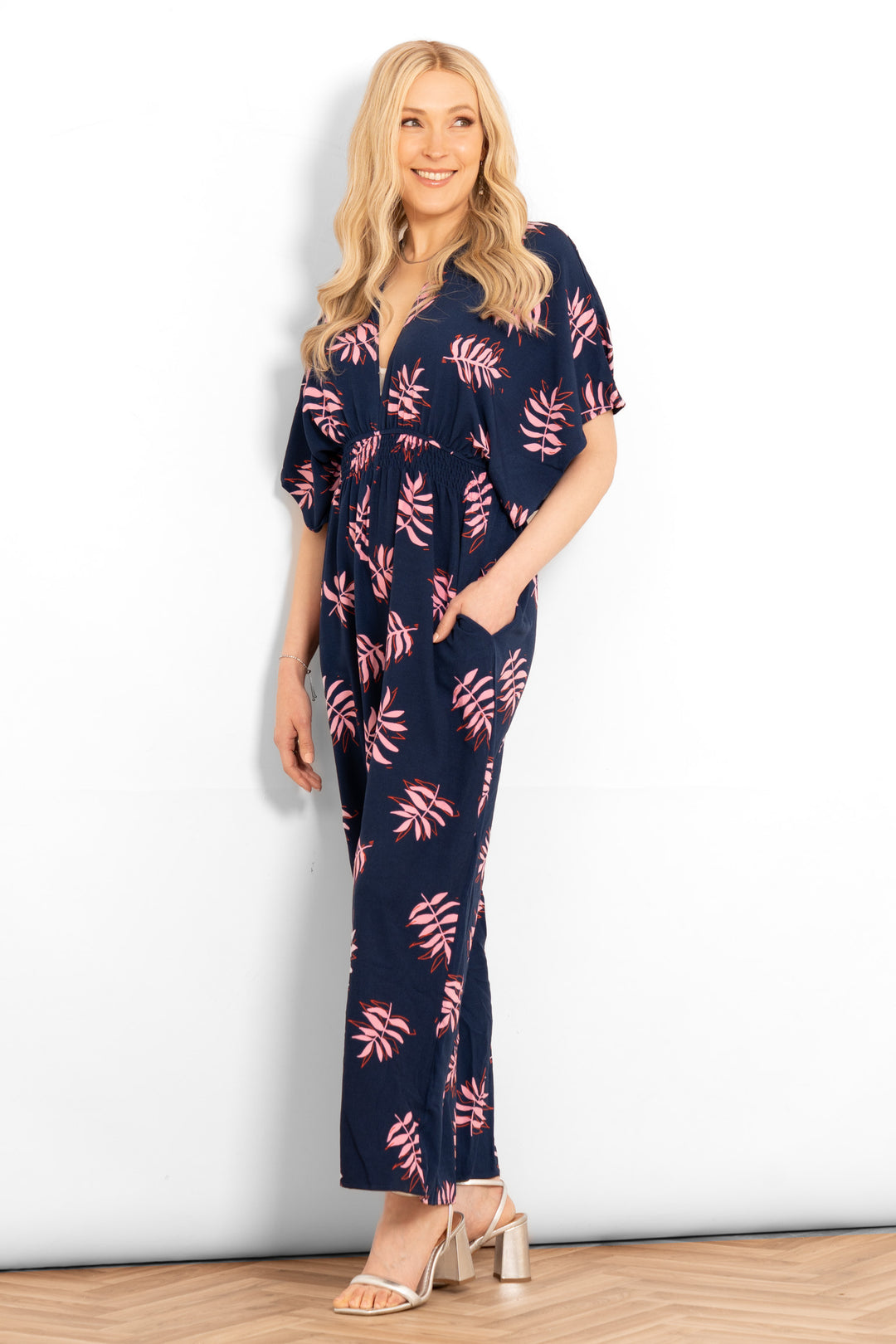 Jilly Deep V Jumpsuit - Navy Blue/Pink, Palm Leaf