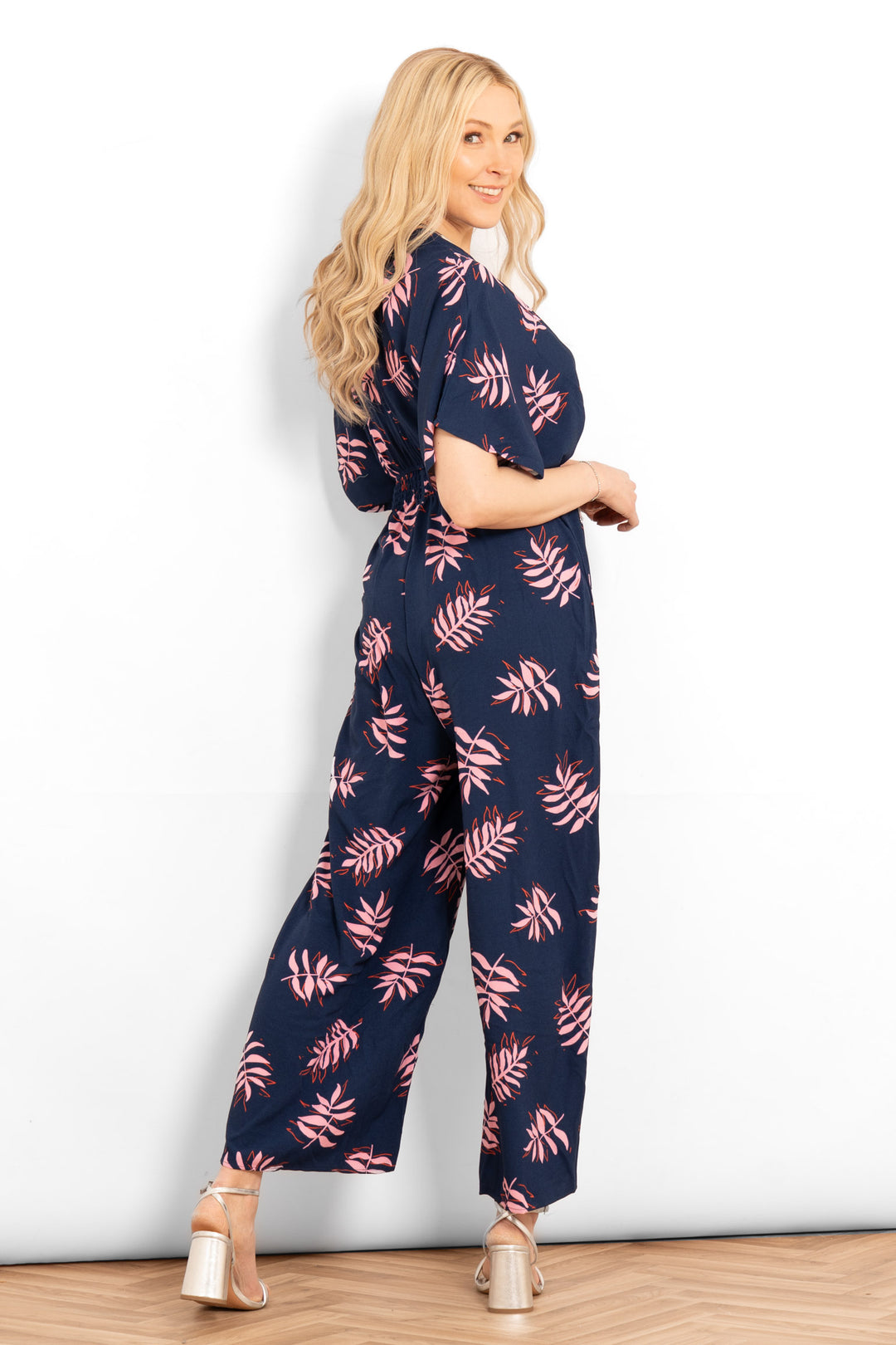Jilly Deep V Jumpsuit - Navy Blue/Pink, Palm Leaf