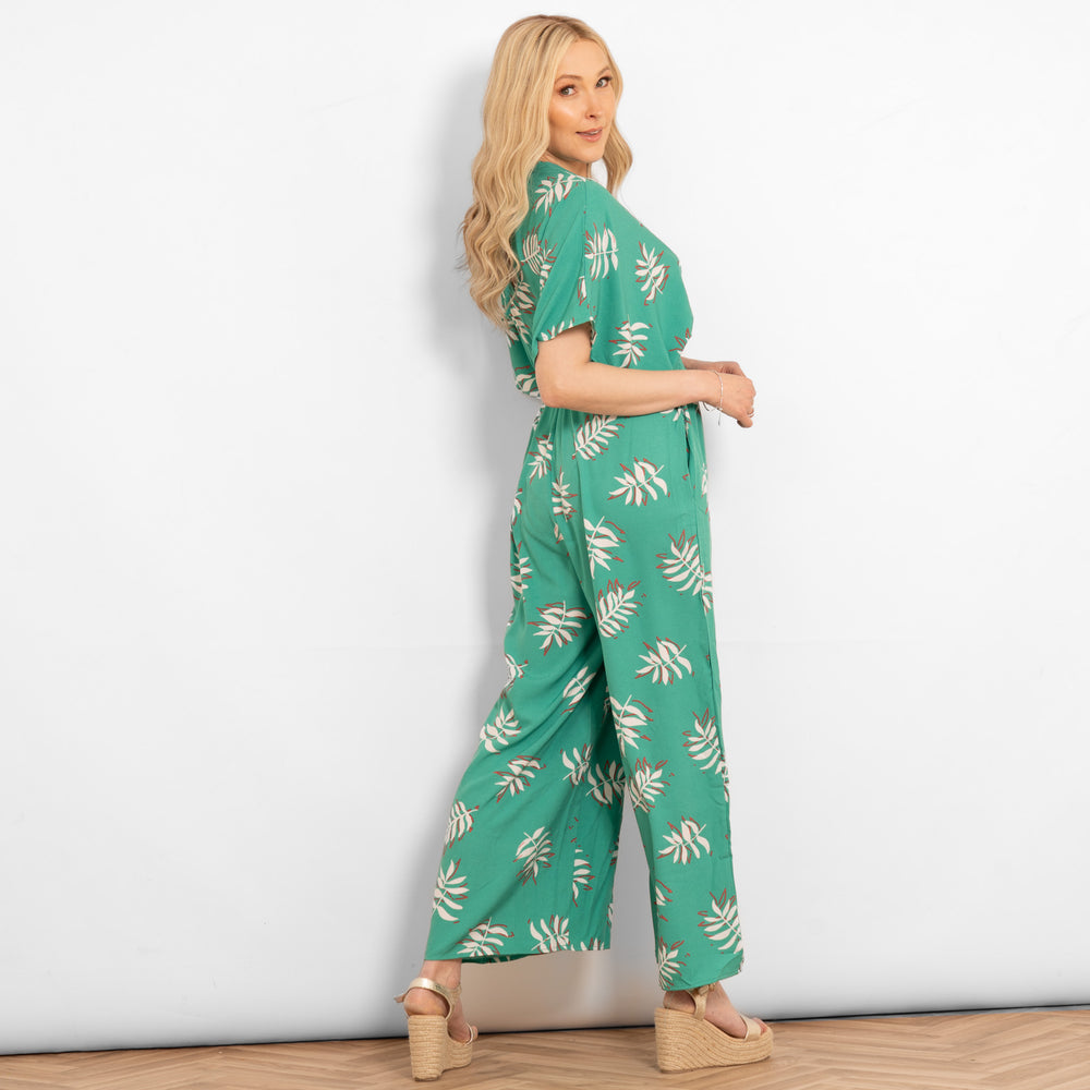 jilly-deep-v-jumpsuit-green-palm-leaf-model-rear-view
