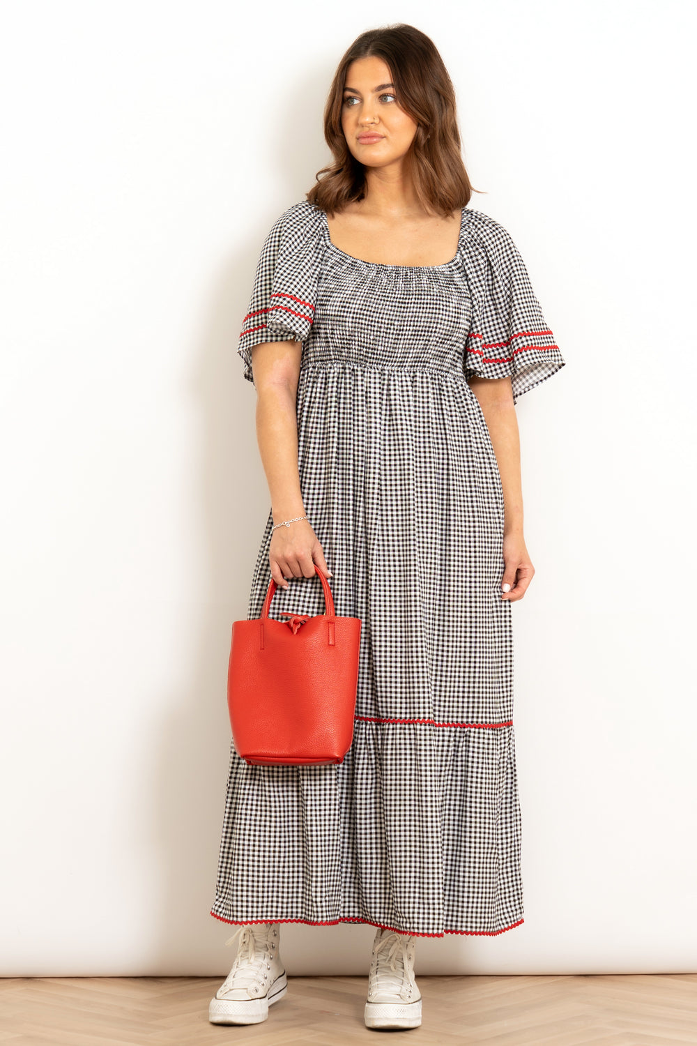 briar-milkmaid-maxi-dress-black-gingham-accessorised-red-bag
