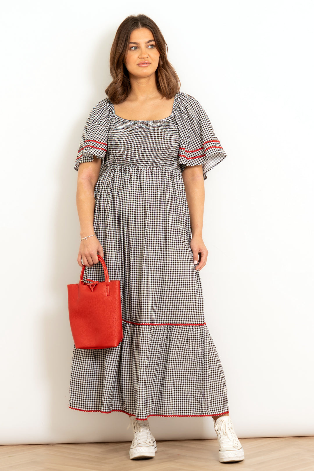 briar-milkmaid-maxi-dress-black-gingham-model-front-view