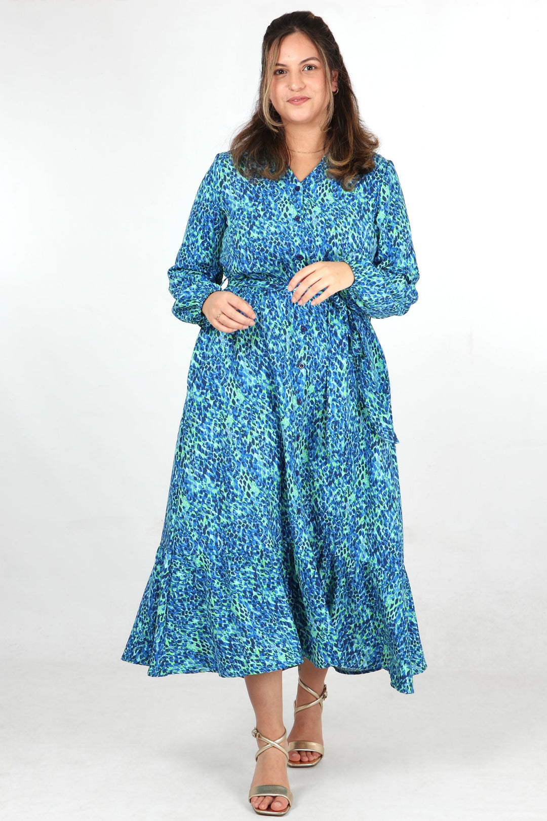 Long Sleeve Midi Shirt Dress - Blue, Tropical Floral Print