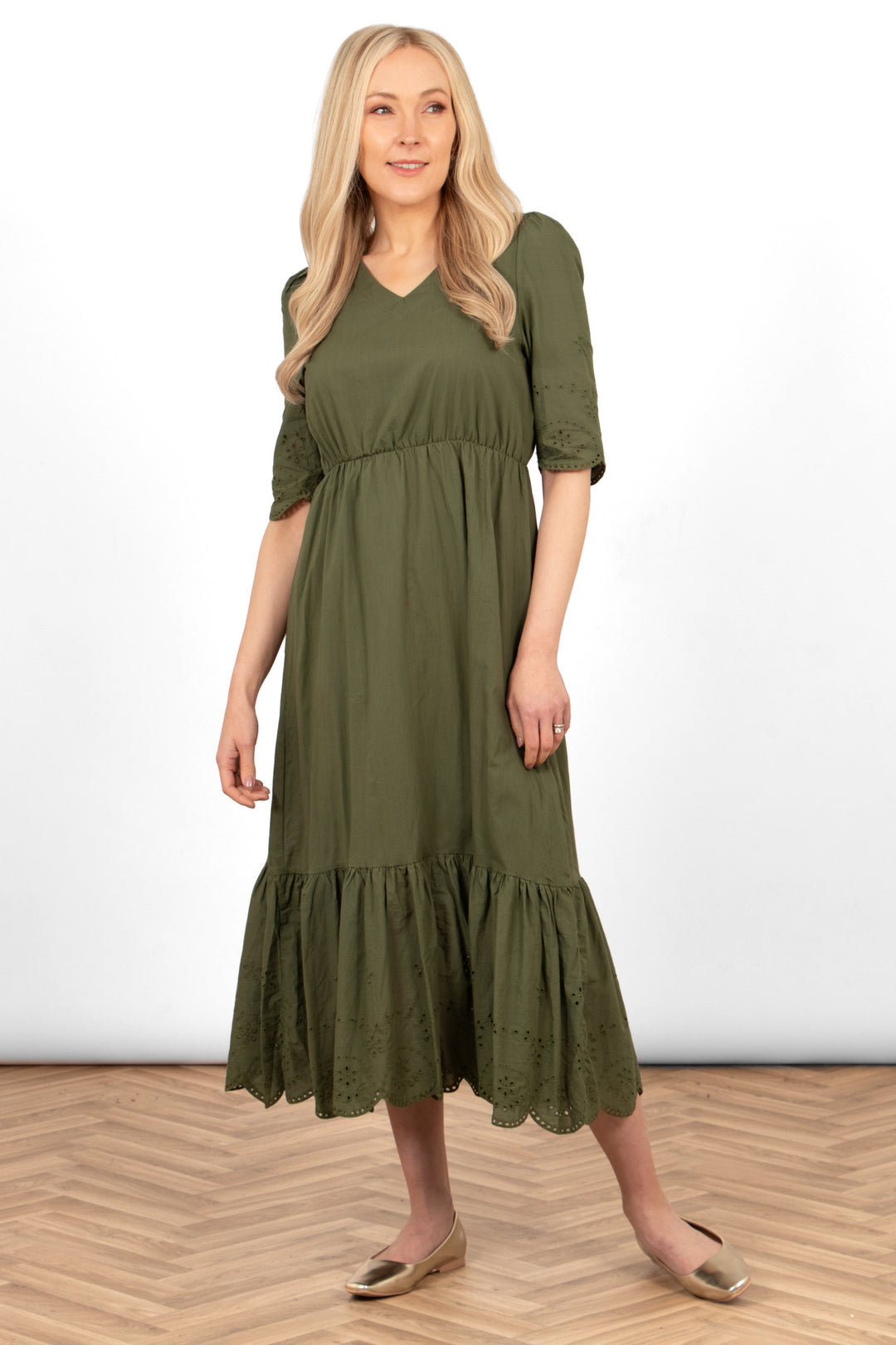 aurelia-cotton-fit-flare-midaxi-dress-khaki-broderie-anglaise-front-view-styled-on-model-v-neck-tiered-hem