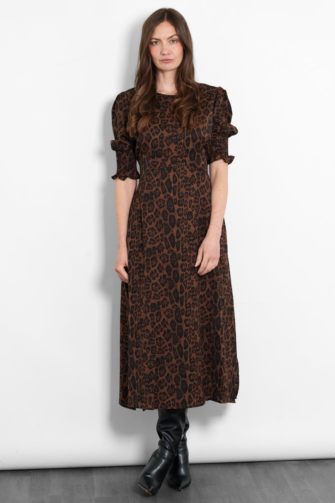 hazel-midi-tea-dress-brown-leopard-print-worn-by-model
