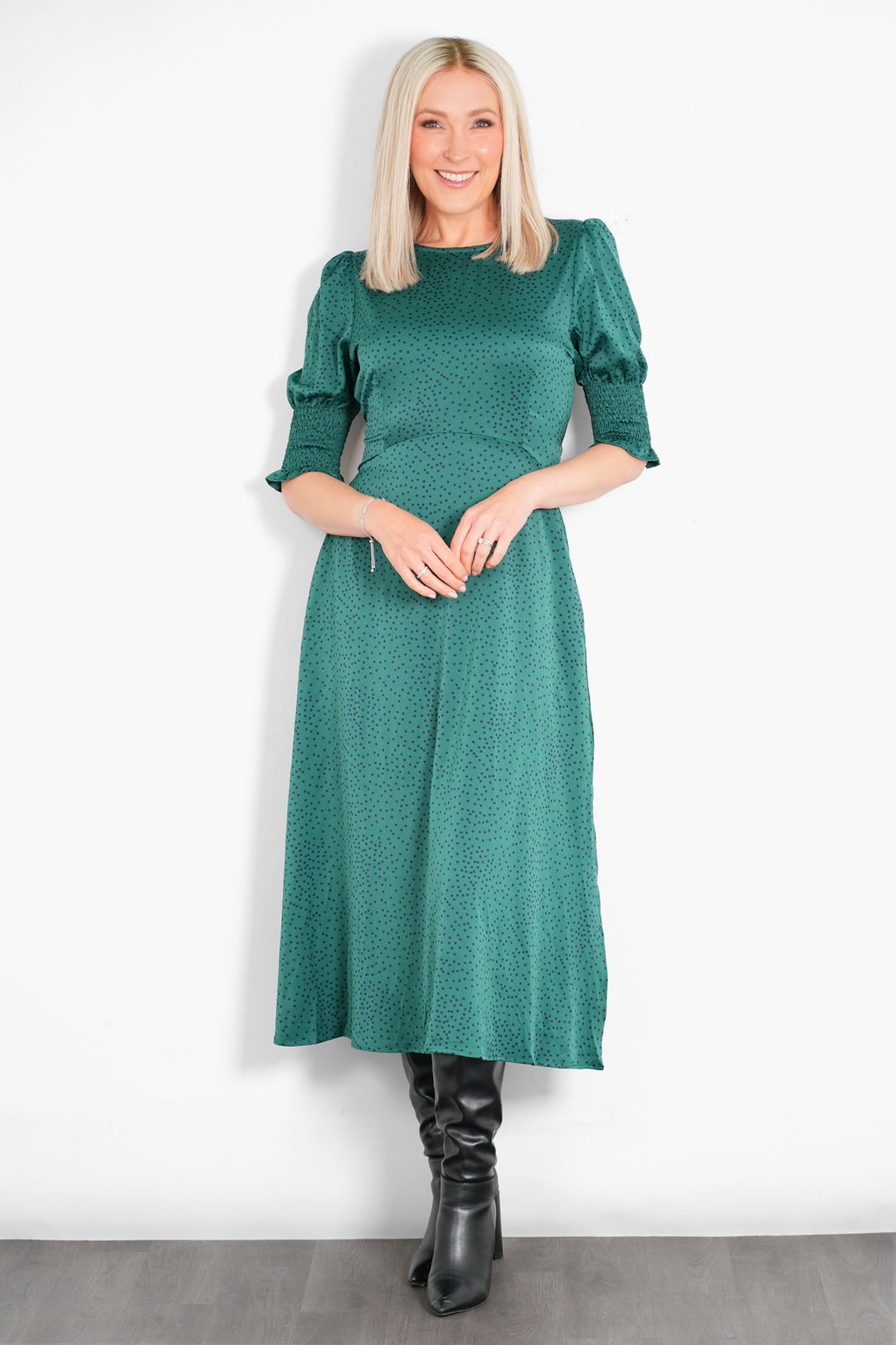 hazel-midi-tea-dress-teal-green-polka-dots-model-front-view