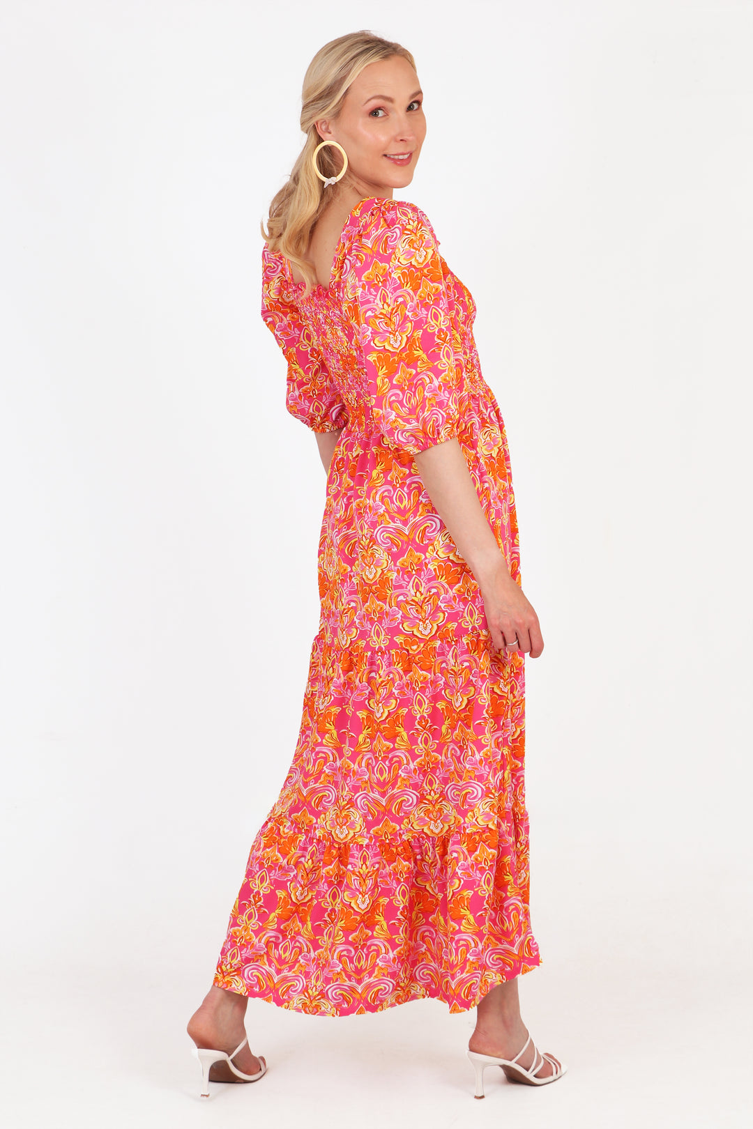 tiered-maxi-milkmaid-dress-pink-fleur-de-lis-rear-view