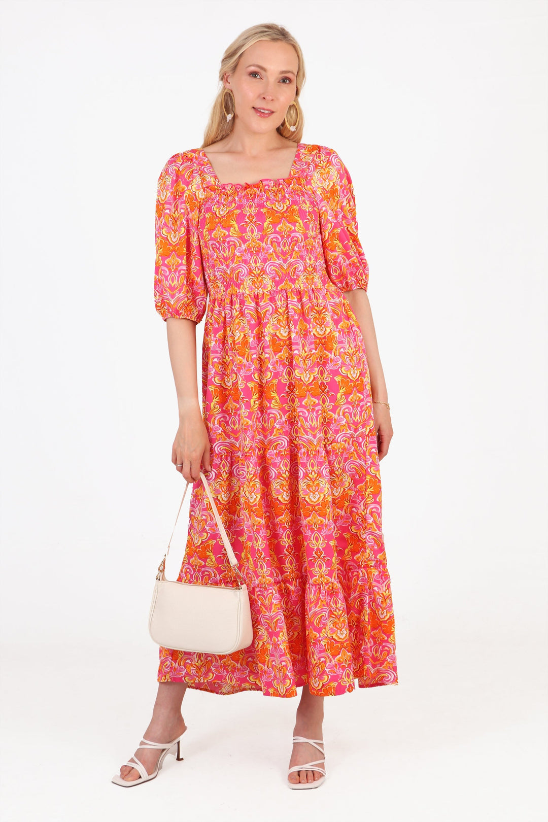 tiered-maxi-milkmaid-dress-pink-fleur-de-lis-model-front-view