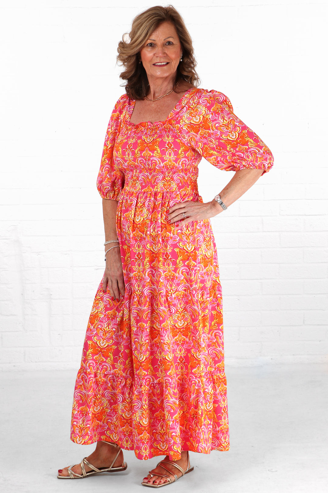 tiered-maxi-milkmaid-dress-pink-fleur-de-lis-square-neckline
