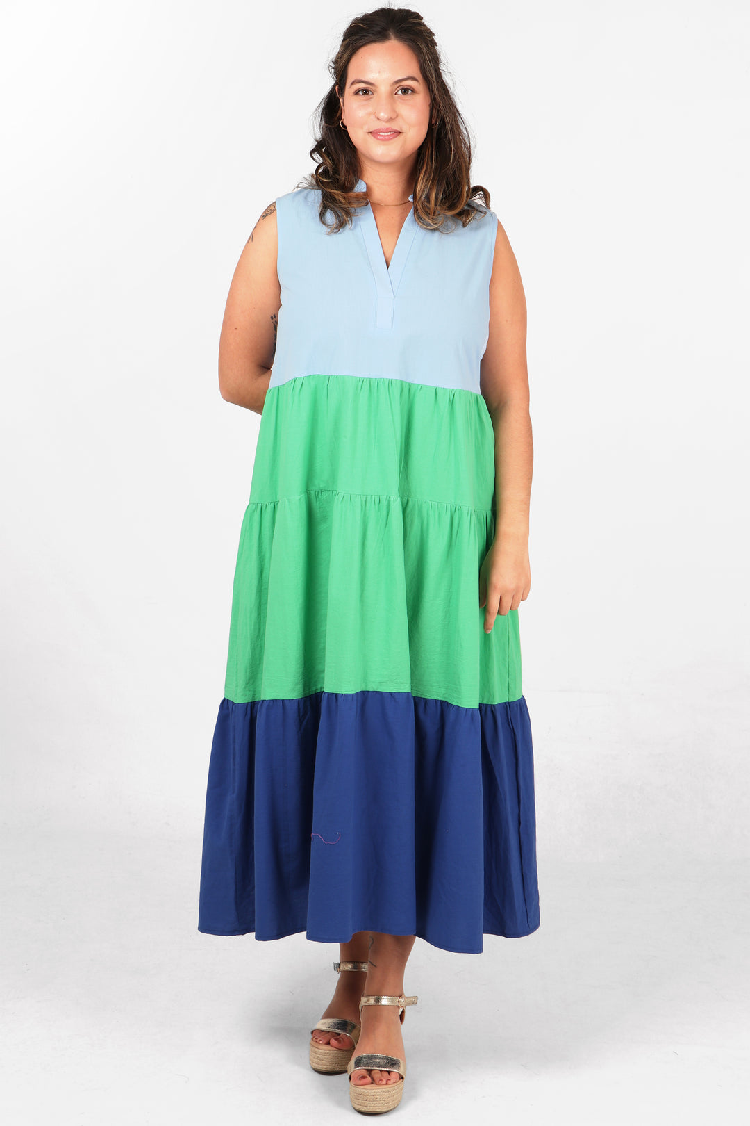 blue and green colourblock striped cotton maxi dress