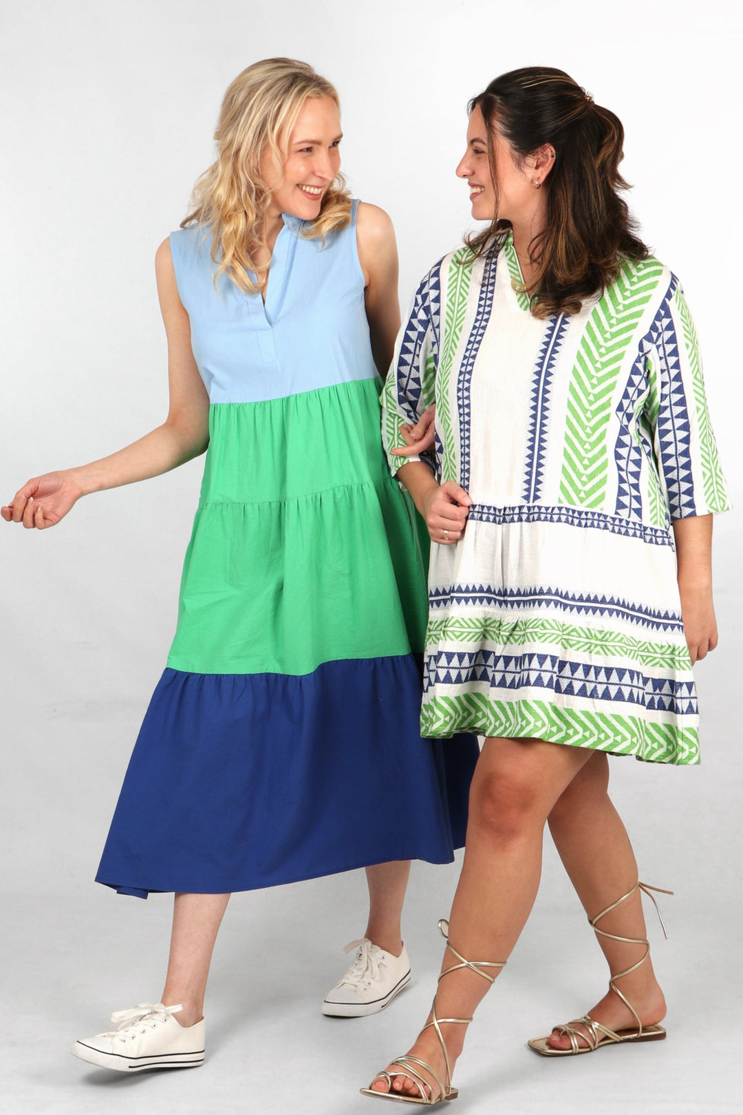 Colourblock Sleeveless Tiered Midaxi Cotton Dress in Blue