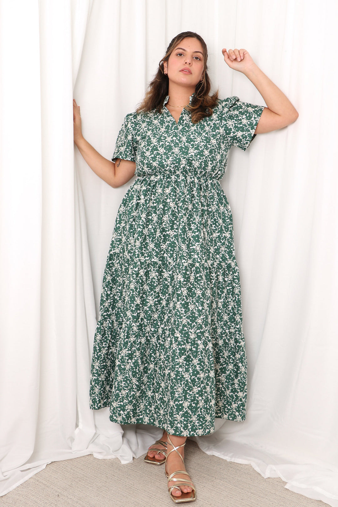 Short Sleeve Tiered Cotton Maxi Dress - Green, Broderie Anglaise