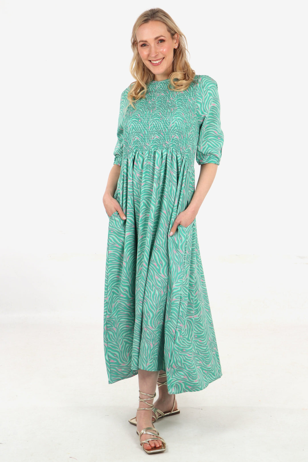 Shirred Maxi Dress - Green, Zebra Lightning Bolt