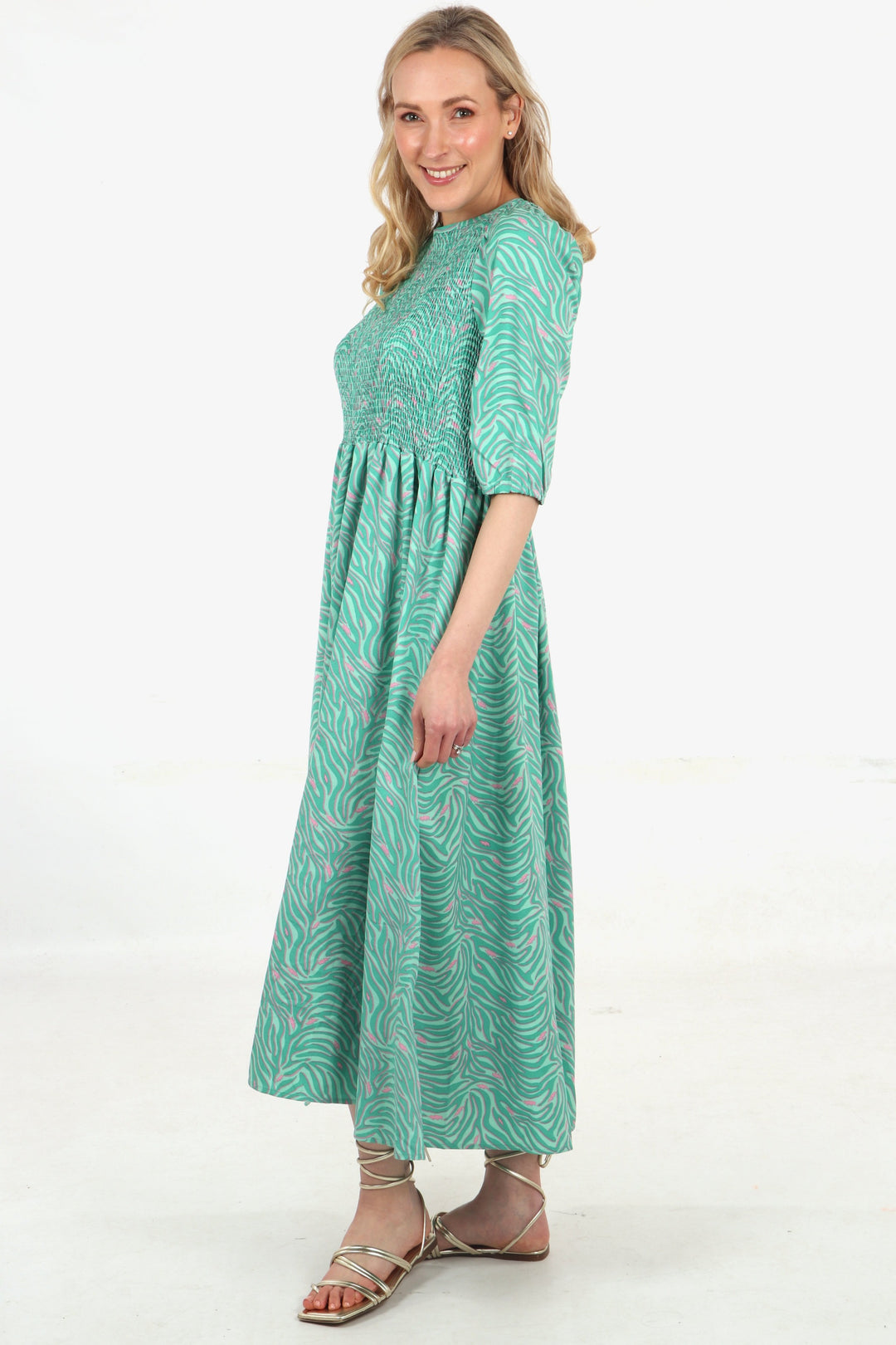 Shirred Maxi Dress - Green, Zebra Lightning Bolt